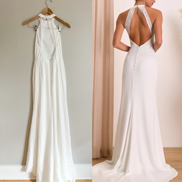 Radiant Adoration White Satin Lace Backless Halter Maxi Dress - Picture 3 of 8